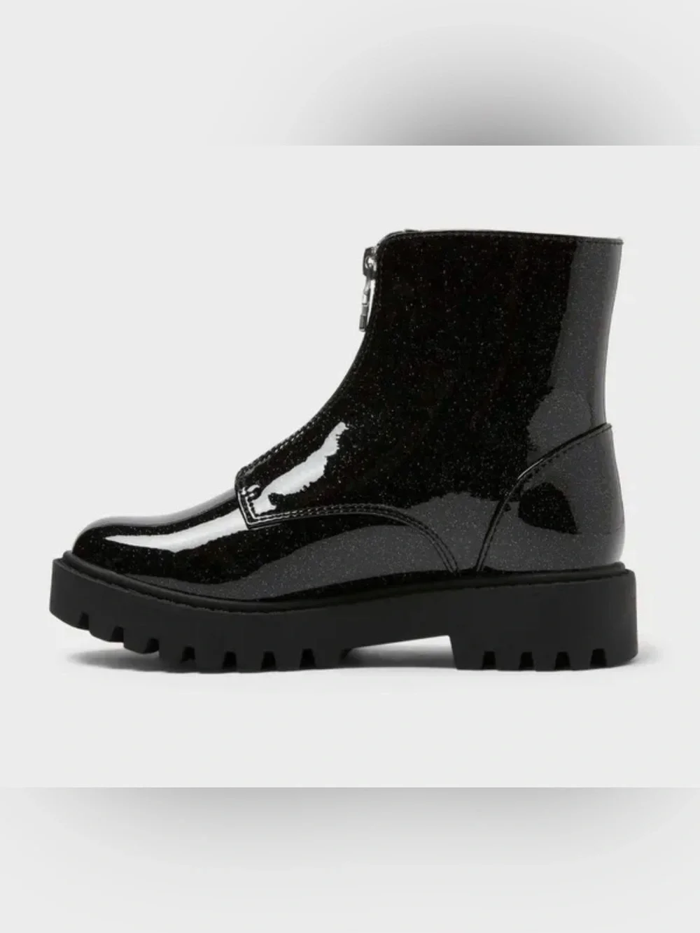Glossy Black Chunky Lug Ankle Boots